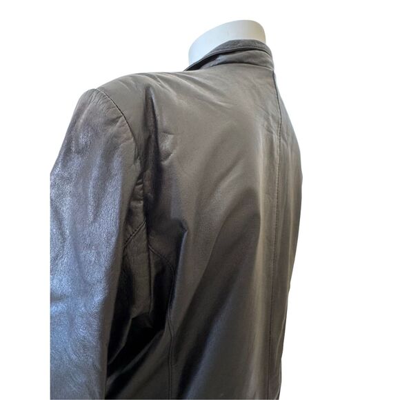 Anthony’s women’s black leather jacket M motorcycle biker 90s trench coat button - Picture 3 of 5